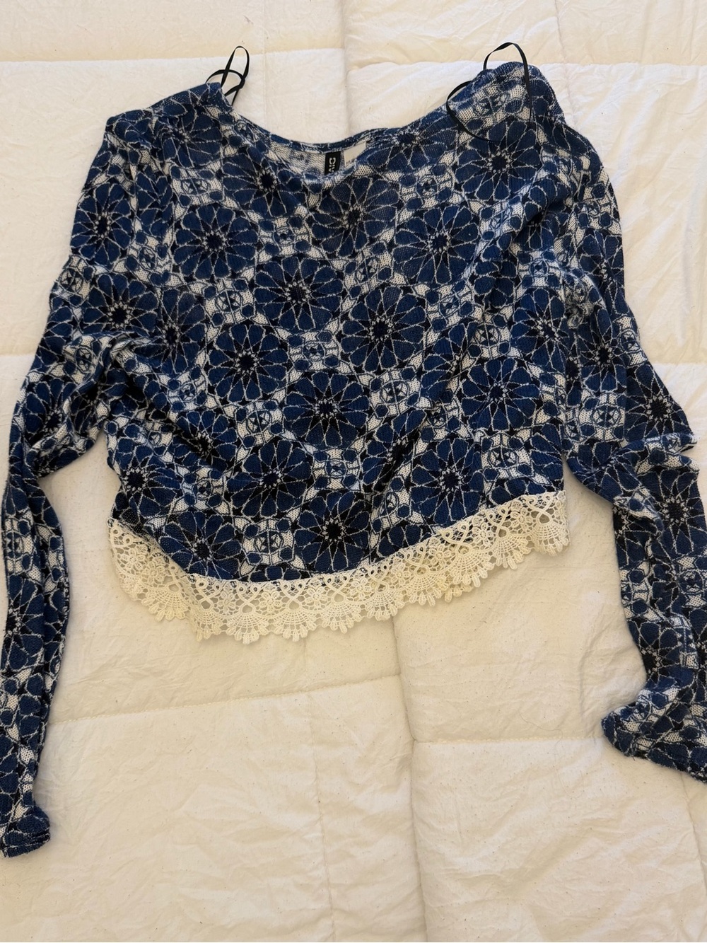 H&M Blue Floral Lace-Trim Crop Top